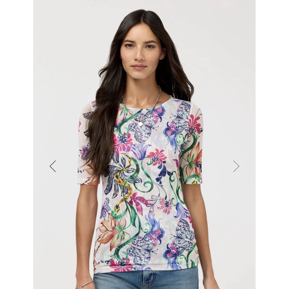 Johnny Was Floral Butterfly Mesh Top Women's PM Ruthane Boat Neck Elbow Sleeve
